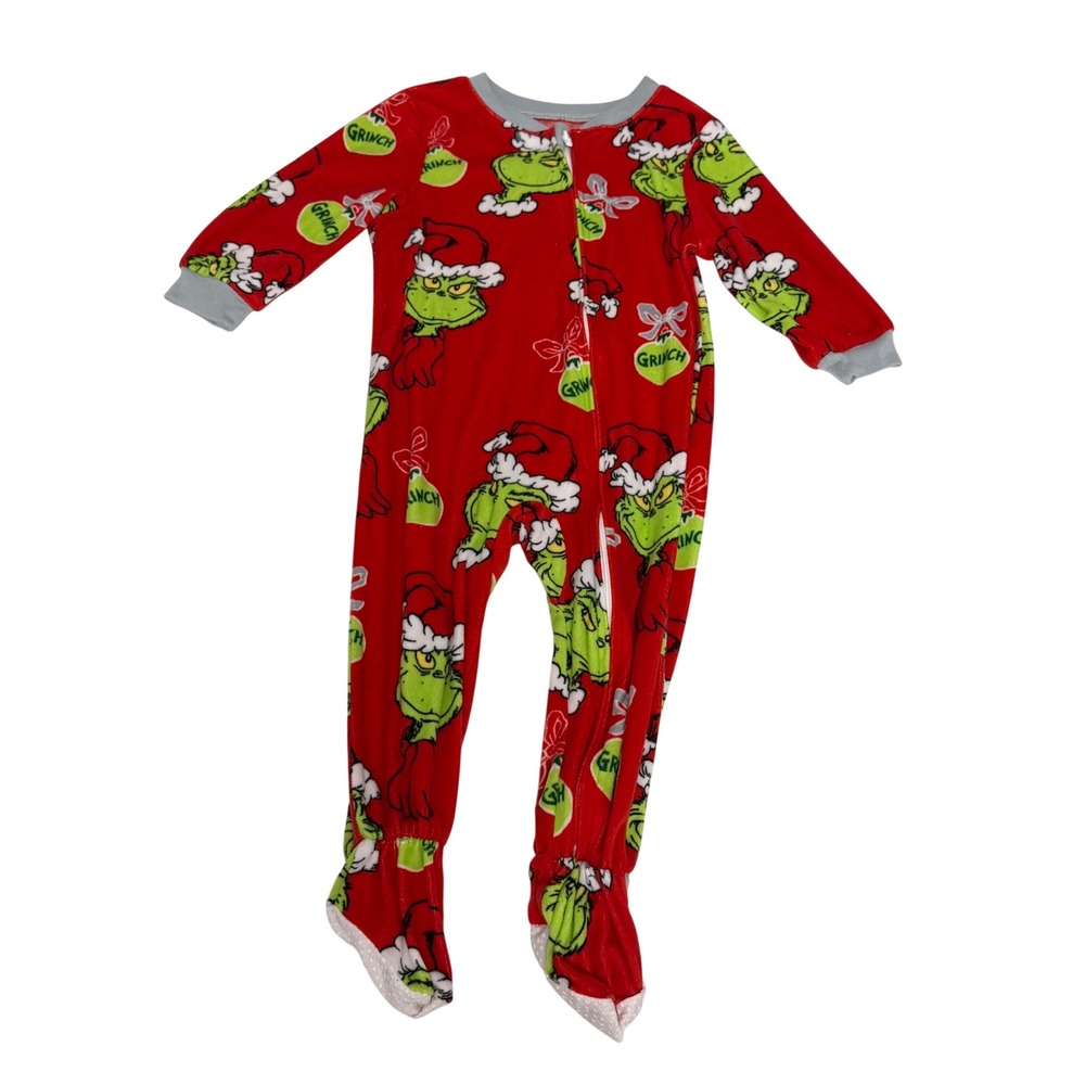Dr Seuss The Grinch Kids Red Fleece Footed Pajamas 18M Christmas Festive Zip